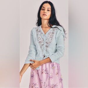 Love Shack Fancy Lace Long Sleeve Wool Cotton Cardigan Blue Size Large